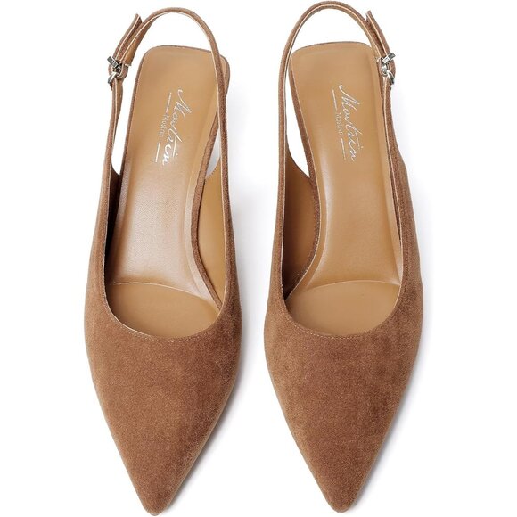 Mostrin Kitten Heels Brown Suede Low Slingback Heels with Buckle Dress Shoes - Picture 3 of 9